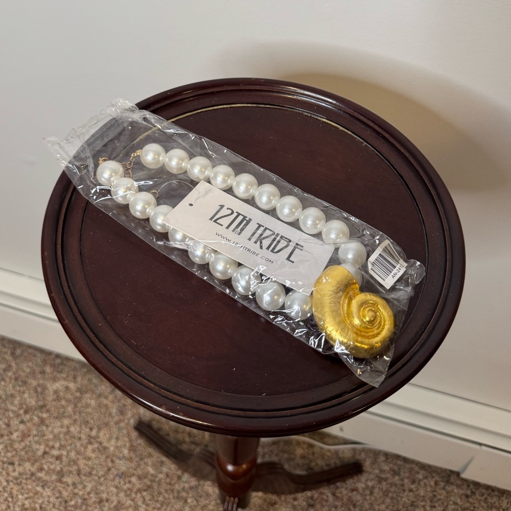 12th Tribe White Pearl Necklace with Gold Shell Charm